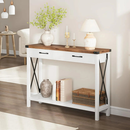 Industrial Farmhouse Entryway Table - Console Table with 2 Drawers, Heavy-Duty Sofa Table, Scratch-Resistant, Easy Assembly, Living Room, Hallway, Foyer Furniture for Farmhouse, Modern, Traditional Decor - Space-Saving Narrow