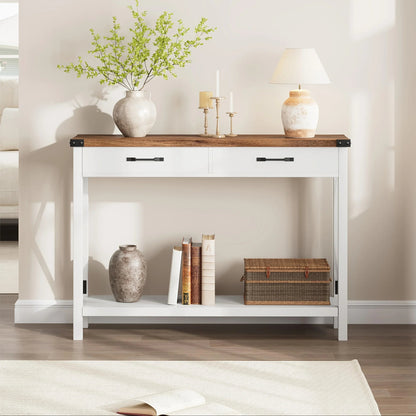 Industrial Farmhouse Entryway Table - Console Table with 2 Drawers, Heavy-Duty Sofa Table, Scratch-Resistant, Easy Assembly, Living Room, Hallway, Foyer Furniture for Farmhouse, Modern, Traditional Decor - Space-Saving Narrow