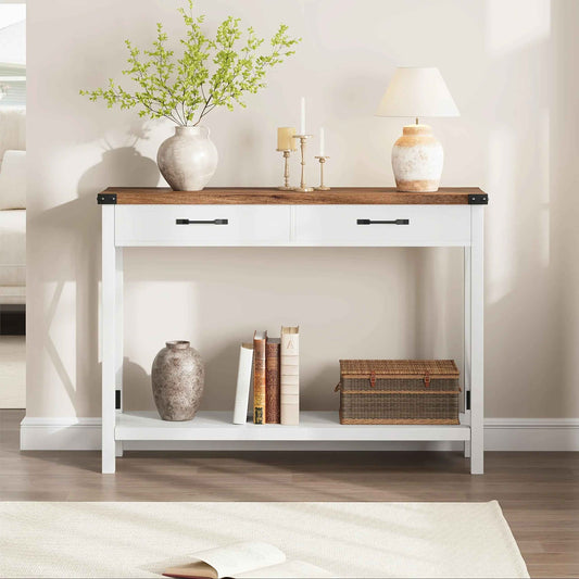 Industrial Farmhouse Entryway Table - Console Table with 2 Drawers, Heavy-Duty Sofa Table, Scratch-Resistant, Easy Assembly, Living Room, Hallway, Foyer Furniture for Farmhouse, Modern, Traditional Decor - Space-Saving Narrow