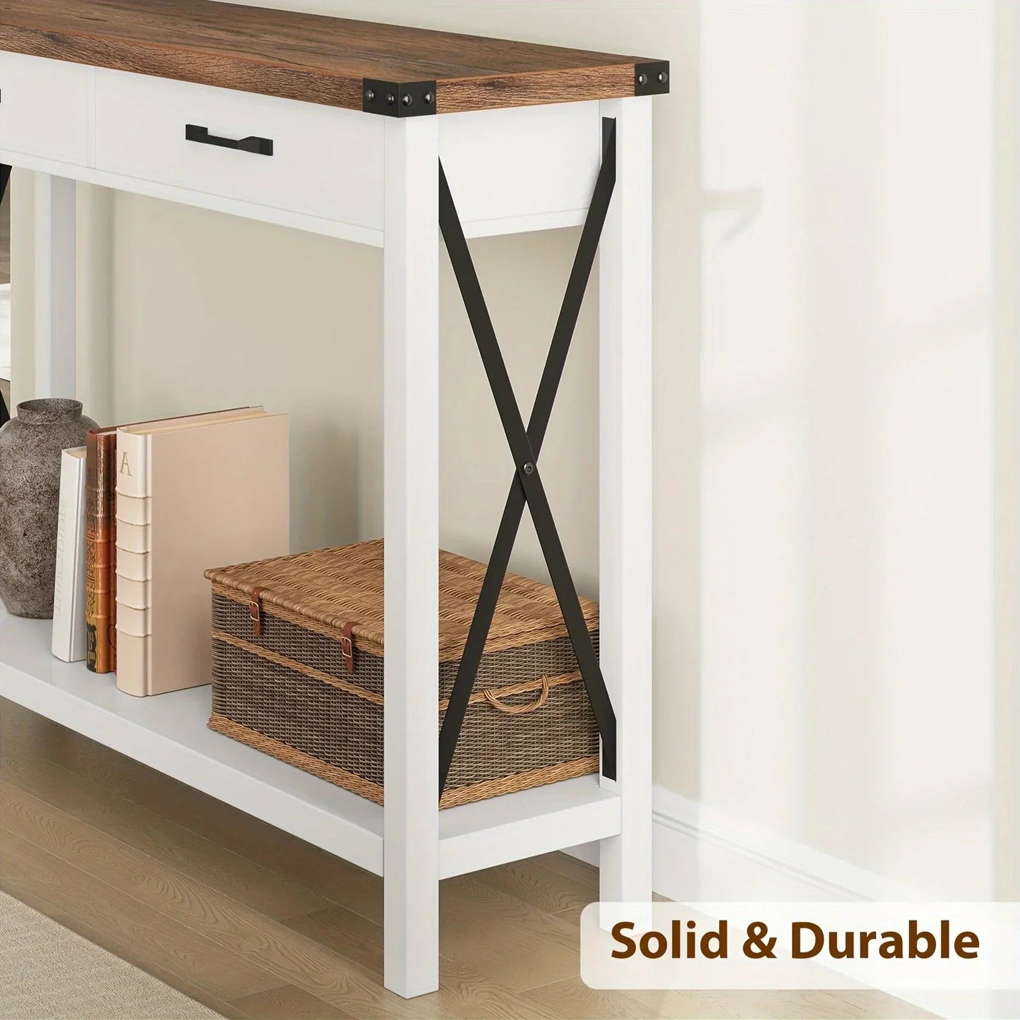 Industrial Farmhouse Entryway Table - Console Table with 2 Drawers, Heavy-Duty Sofa Table, Scratch-Resistant, Easy Assembly, Living Room, Hallway, Foyer Furniture for Farmhouse, Modern, Traditional Decor - Space-Saving Narrow
