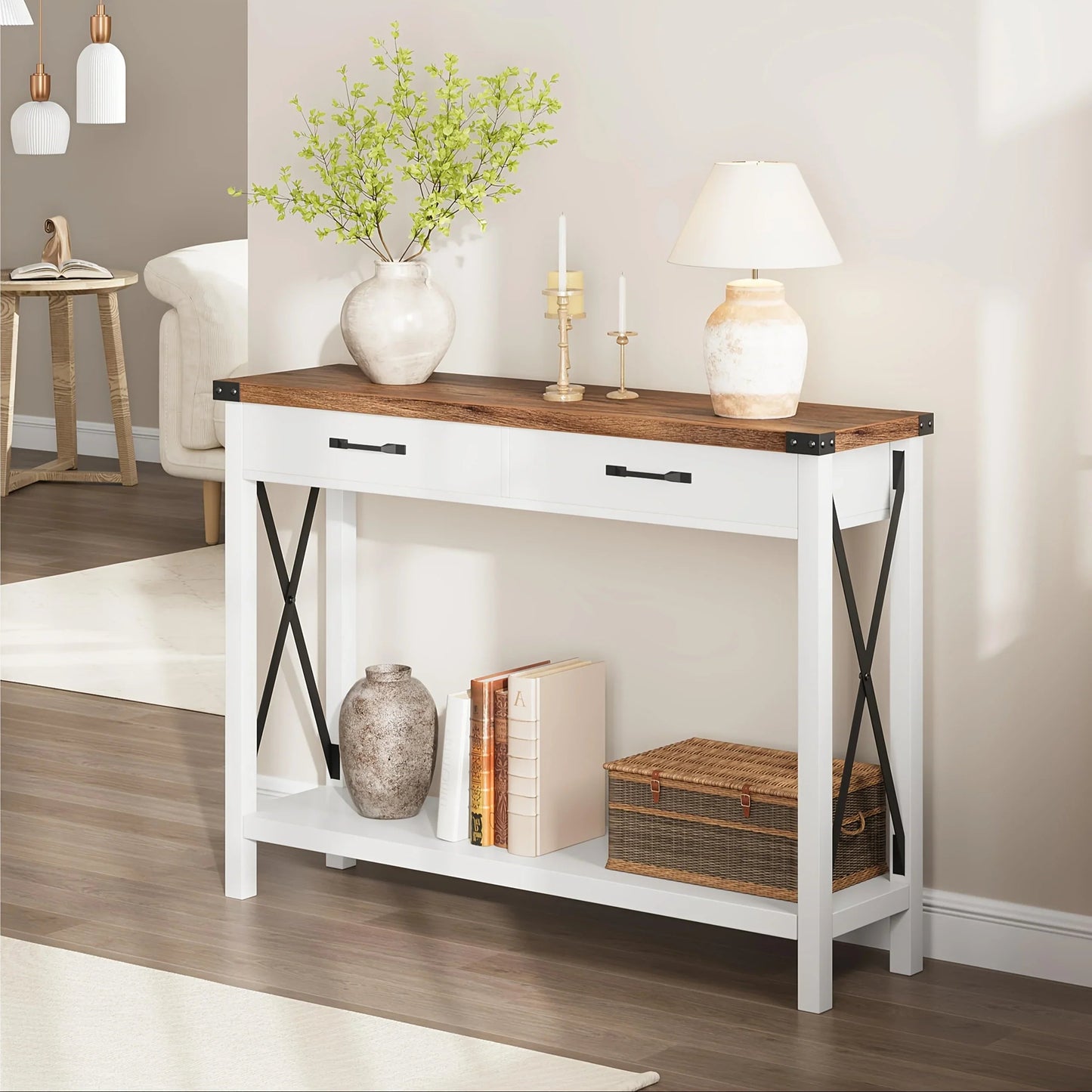 Industrial Farmhouse Entryway Table - Console Table with 2 Drawers, Heavy-Duty Sofa Table, Scratch-Resistant, Easy Assembly, Living Room, Hallway, Foyer Furniture for Farmhouse, Modern, Traditional Decor - Space-Saving Narrow