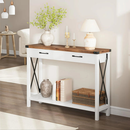 Industrial Farmhouse Entryway Table - Console Table with 2 Drawers, Heavy-Duty Sofa Table, Scratch-Resistant, Easy Assembly, Living Room, Hallway, Foyer Furniture for Farmhouse, Modern, Traditional Decor - Space-Saving Narrow