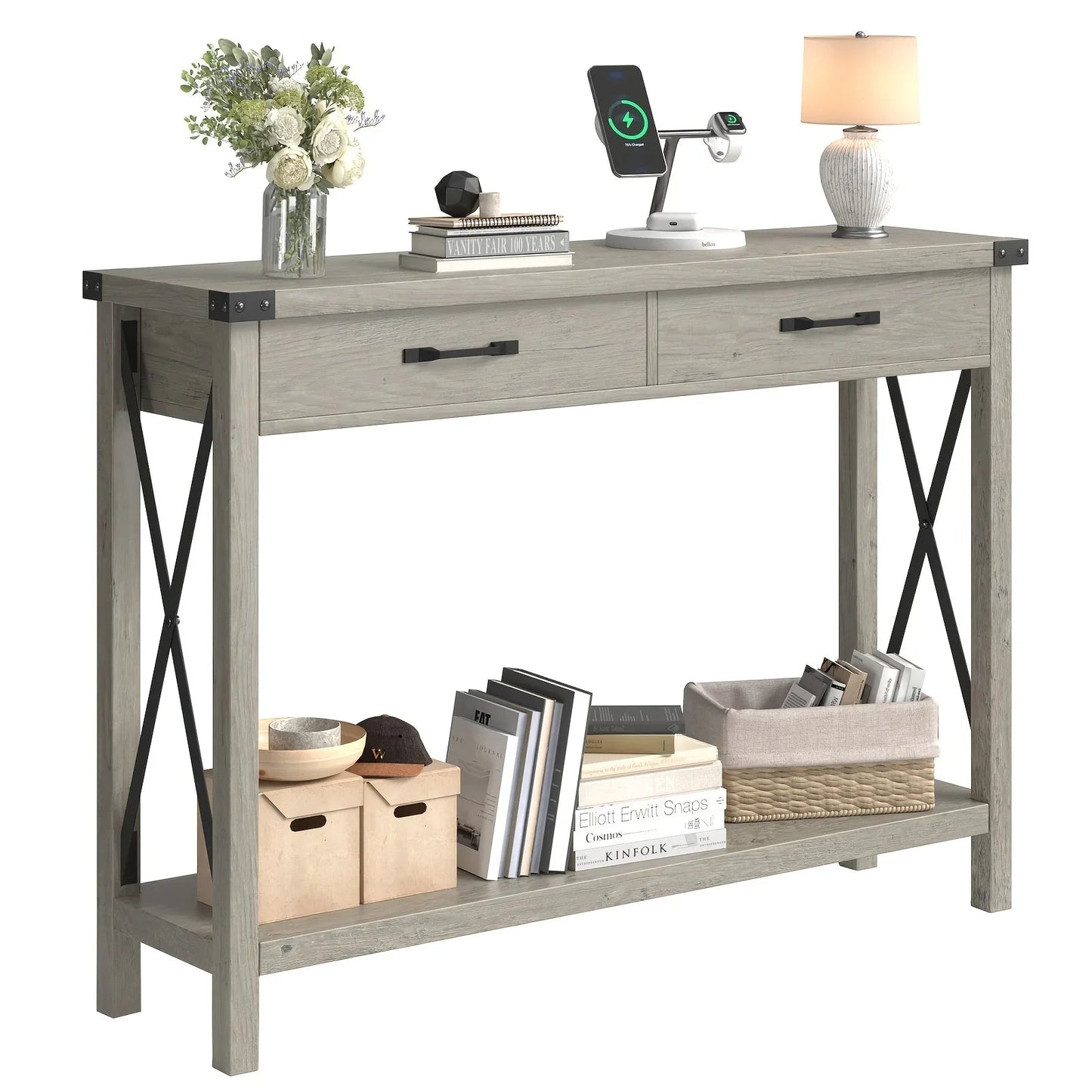 Industrial Farmhouse Entryway Table - Console Table with 2 Drawers, Heavy-Duty Sofa Table, Scratch-Resistant, Easy Assembly, Living Room, Hallway, Foyer Furniture for Farmhouse, Modern, Traditional Decor - Space-Saving Narrow