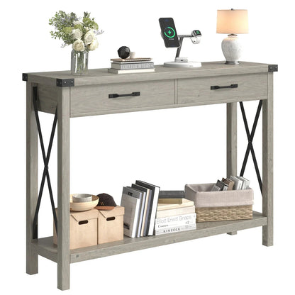 Industrial Farmhouse Entryway Table - Console Table with 2 Drawers, Heavy-Duty Sofa Table, Scratch-Resistant, Easy Assembly, Living Room, Hallway, Foyer Furniture for Farmhouse, Modern, Traditional Decor - Space-Saving Narrow