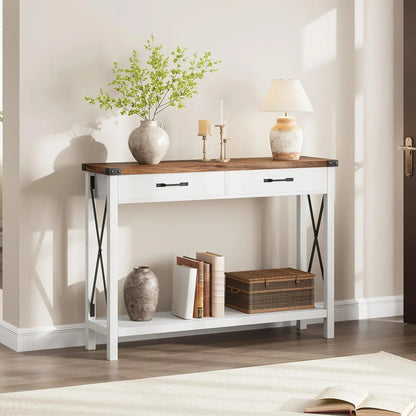 Industrial Farmhouse Entryway Table - Console Table with 2 Drawers, Heavy-Duty Sofa Table, Scratch-Resistant, Easy Assembly, Living Room, Hallway, Foyer Furniture for Farmhouse, Modern, Traditional Decor - Space-Saving Narrow
