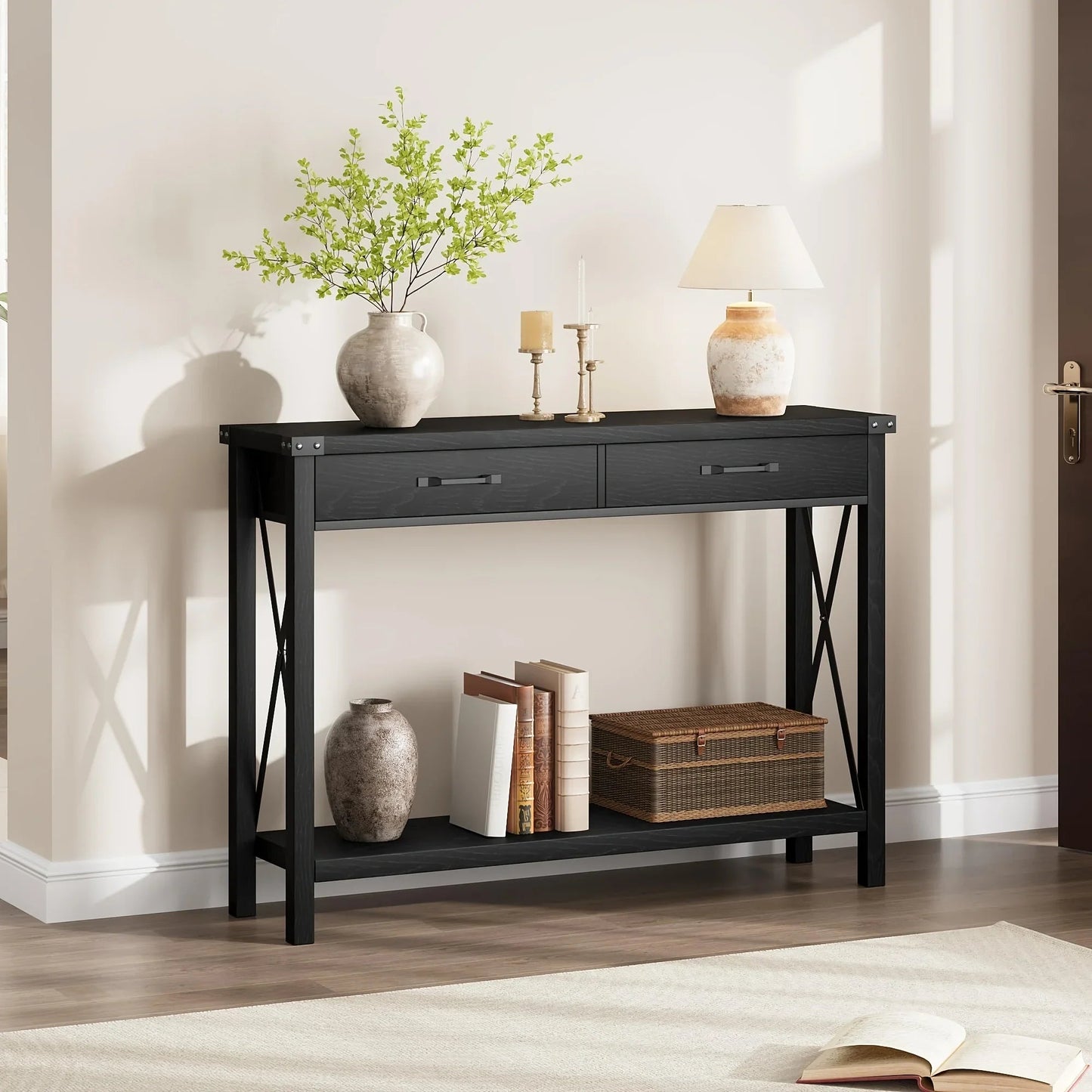Industrial Farmhouse Entryway Table - Console Table with 2 Drawers, Heavy-Duty Sofa Table, Scratch-Resistant, Easy Assembly, Living Room, Hallway, Foyer Furniture for Farmhouse, Modern, Traditional Decor - Space-Saving Narrow
