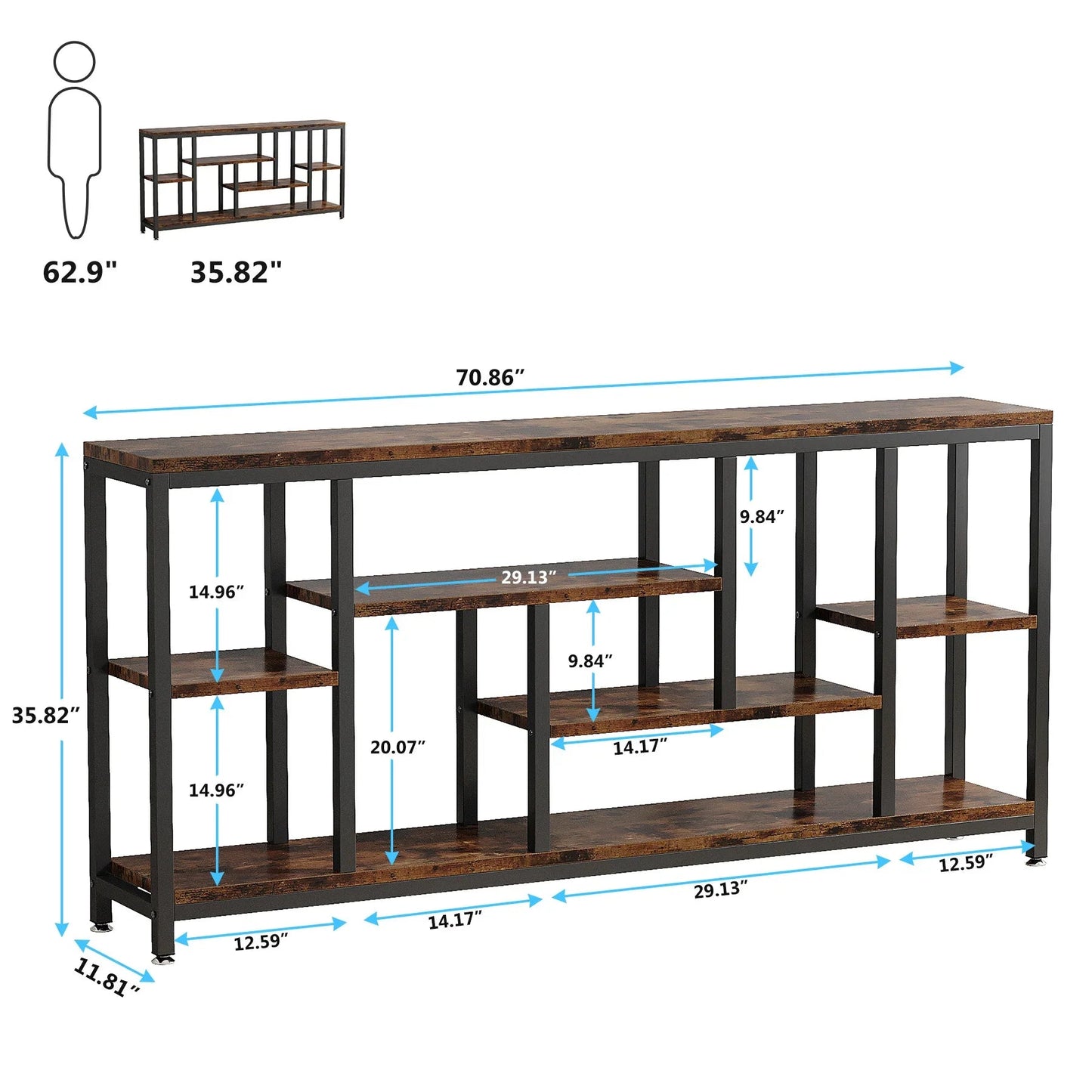 Industrial Metal Console Table, 70.9" Long with 3-Tier Storage Shelves