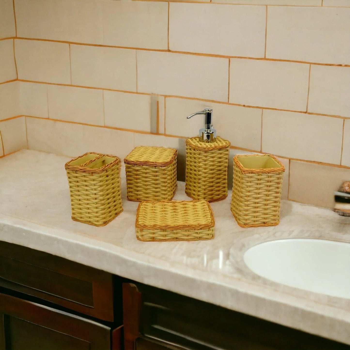 Luxury Bathroom Set in Beige Color Weave Pattern - PoshaBella