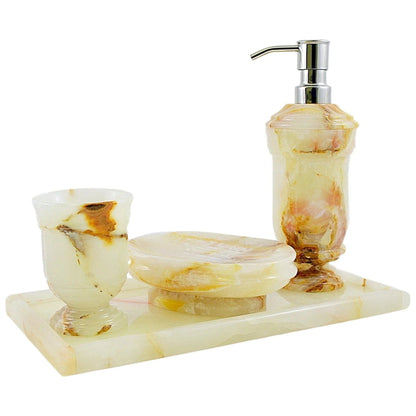 Marble Bath Set | White Onyx 4 Piece Set with Vanity Tray - PoshaBella
