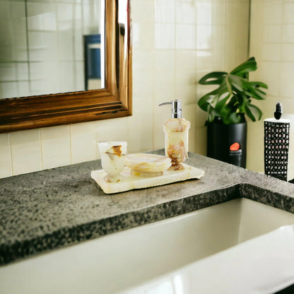 Marble Bath Set | White Onyx 4 Piece Set with Vanity Tray - PoshaBella