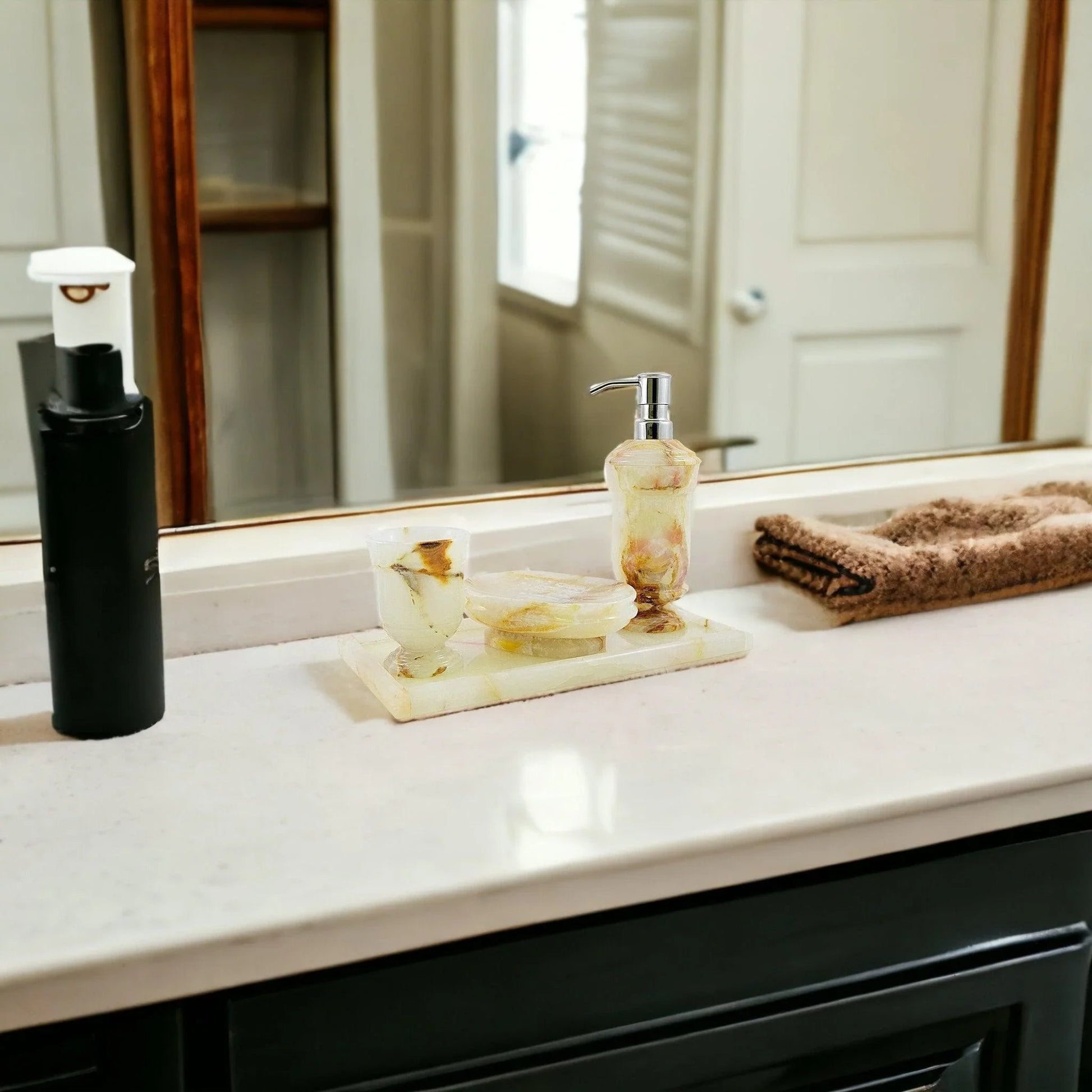 Marble Bath Set | White Onyx 4 Piece Set with Vanity Tray - PoshaBella