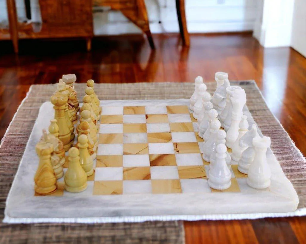 Marble Chess Set | White & Teakwood Marble - PoshaBella