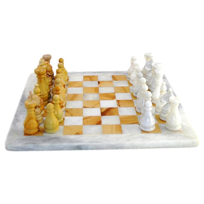 Marble Chess Set | White & Teakwood Marble - PoshaBella