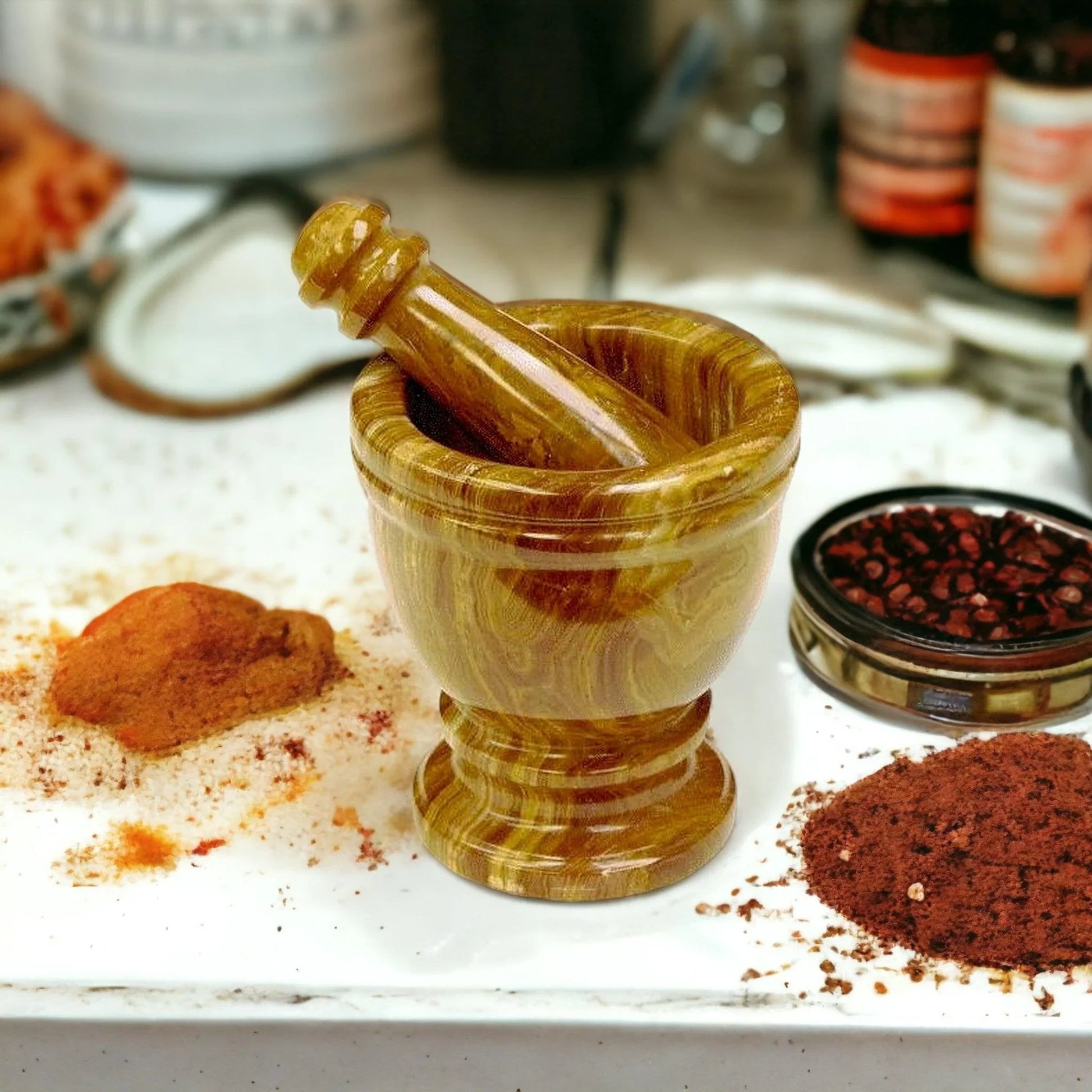 Marble Mortar and Pestle Crafted from Multi Brown Onyx - PoshaBella