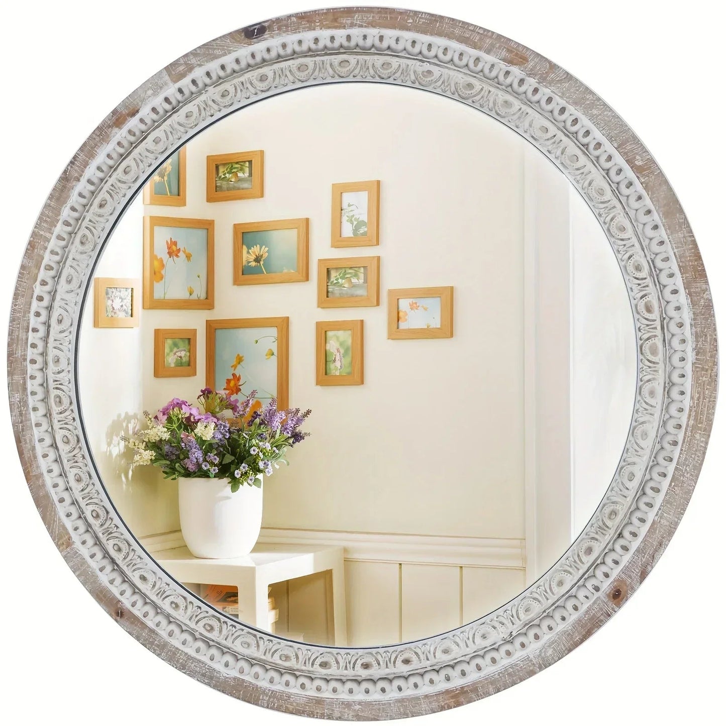 Mirror - Distressed Wood White Round