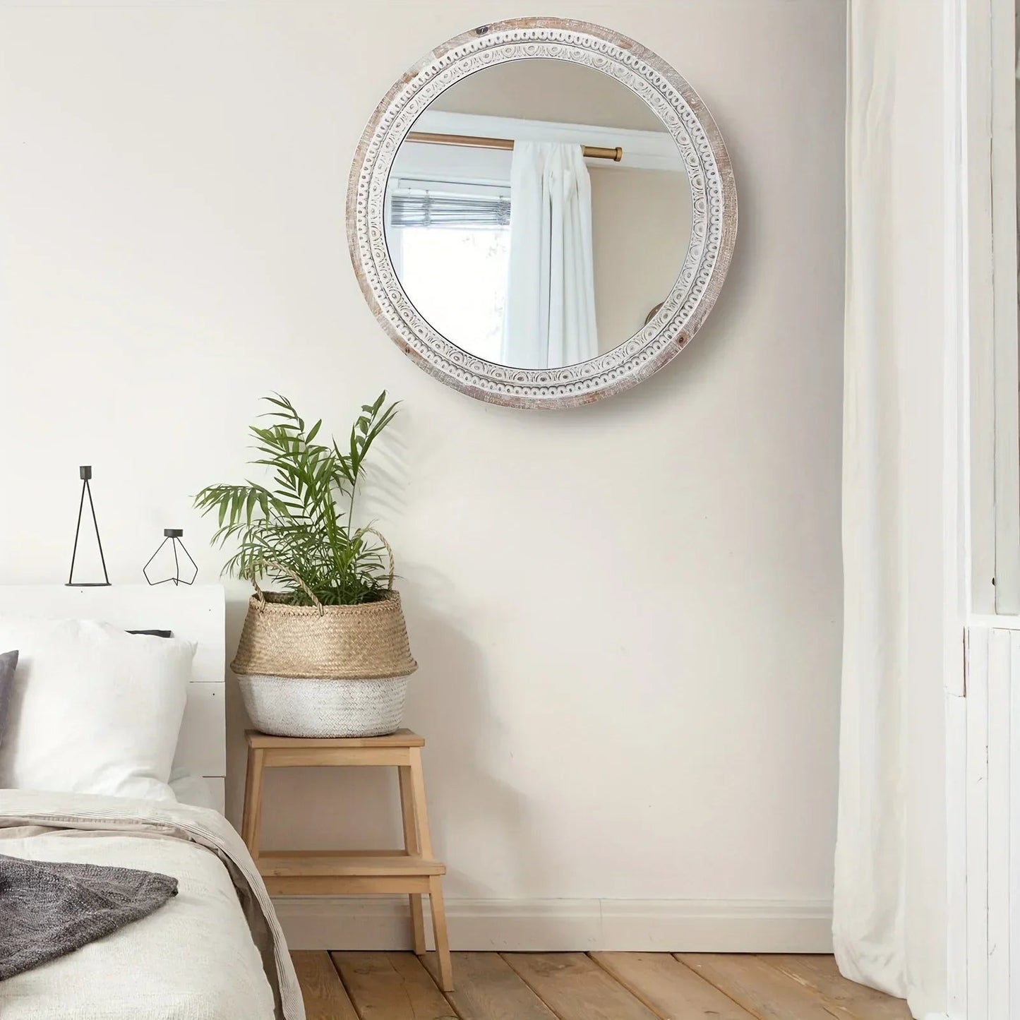 Mirror - Distressed Wood White Round