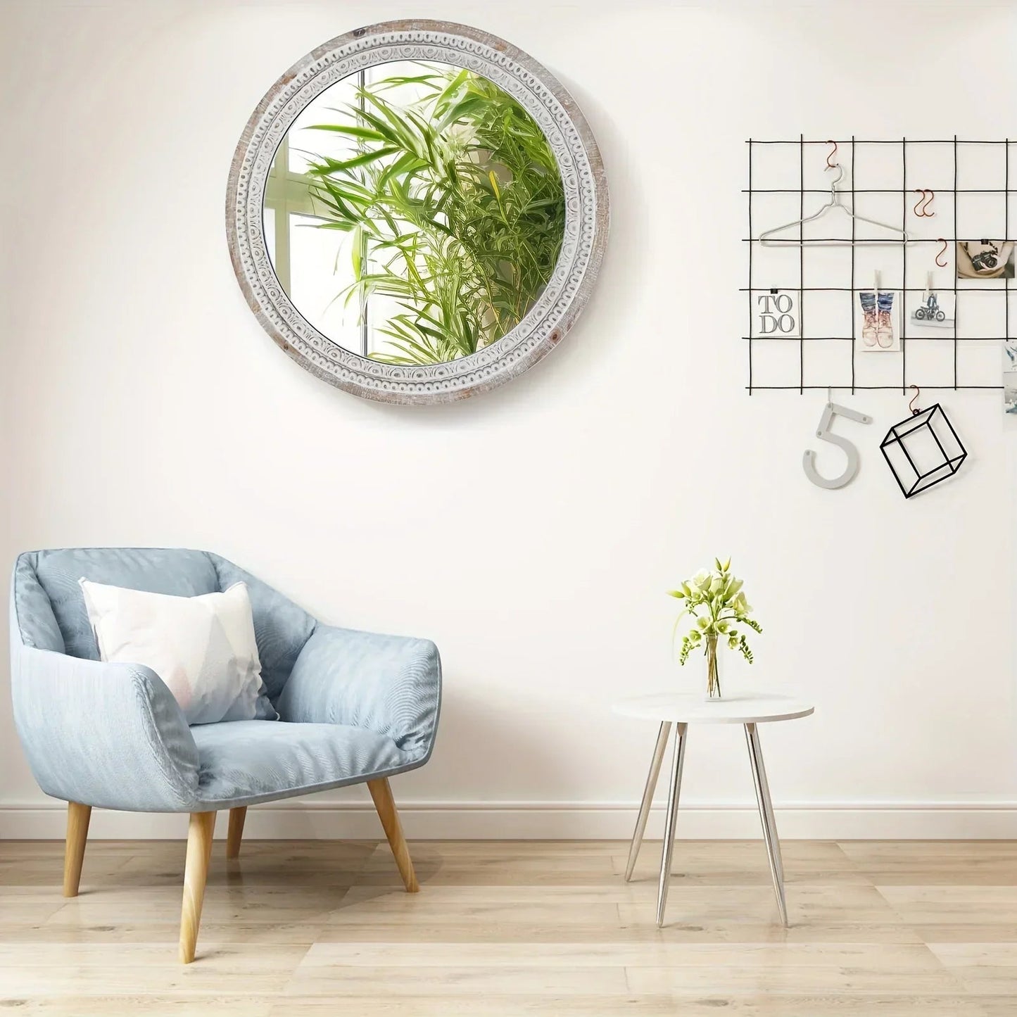 Mirror - Distressed Wood White Round