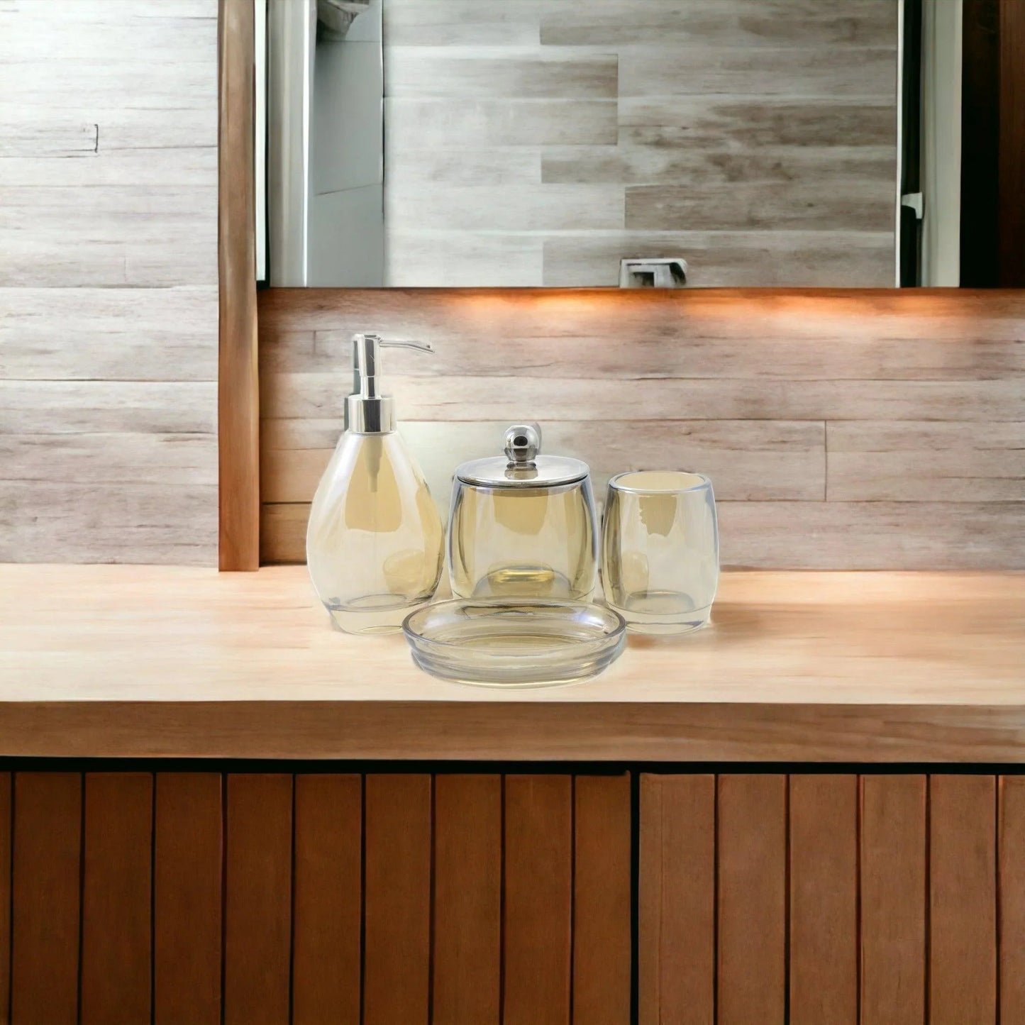 Modern Bathroom Decor - 4 Piece Glass Bathroom Set of Champagne Color - PoshaBella