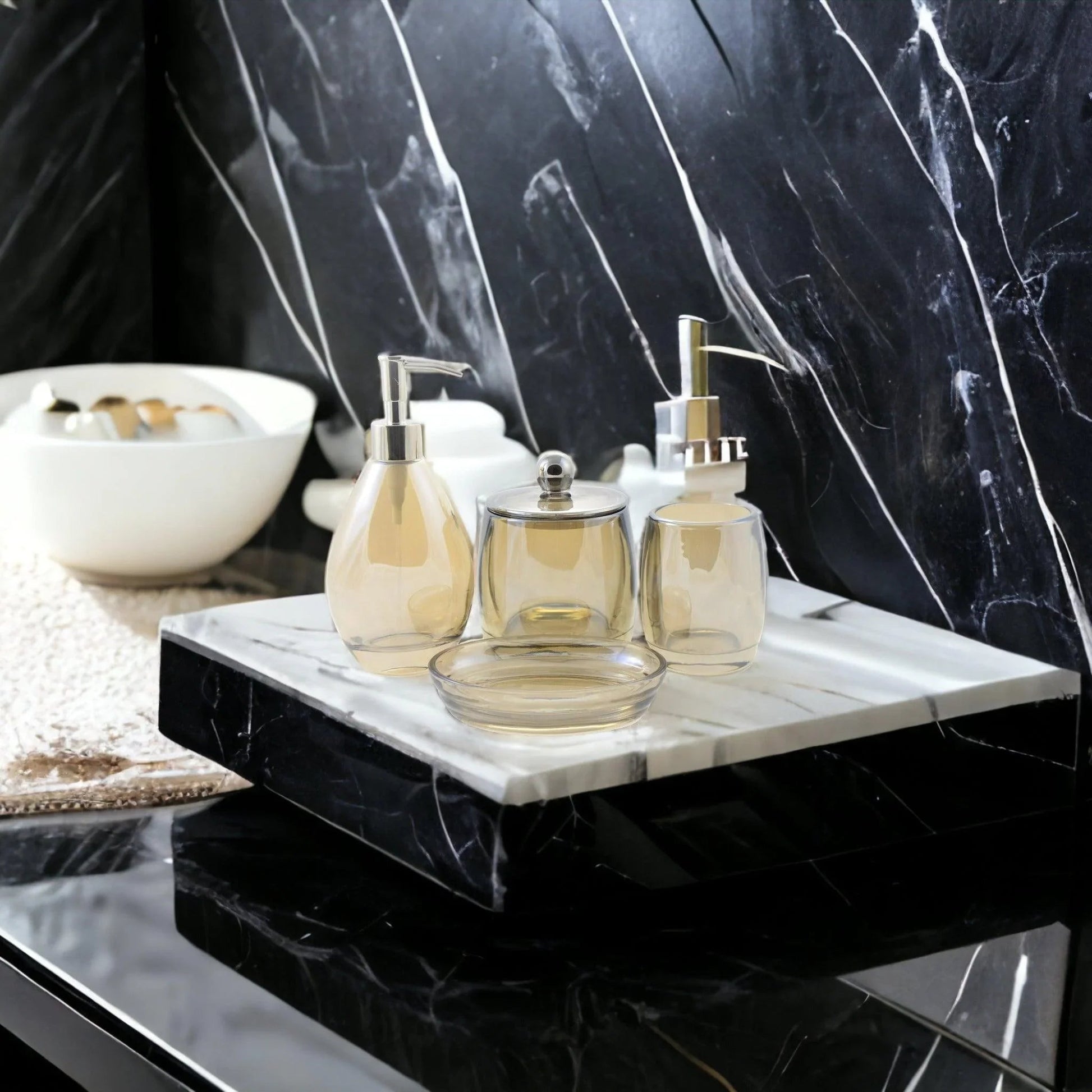 Modern Bathroom Decor - 4 Piece Glass Bathroom Set of Champagne Color - PoshaBella