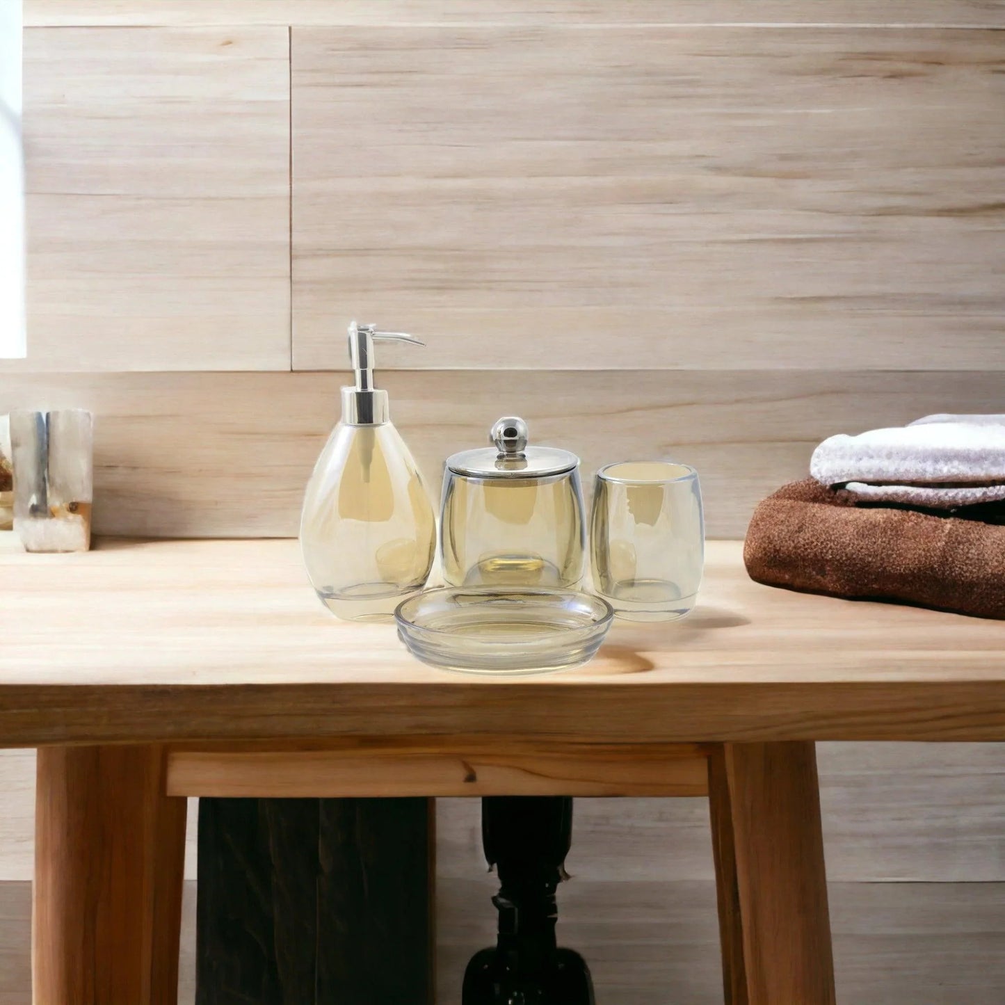 Modern Bathroom Decor - 4 Piece Glass Bathroom Set of Champagne Color - PoshaBella