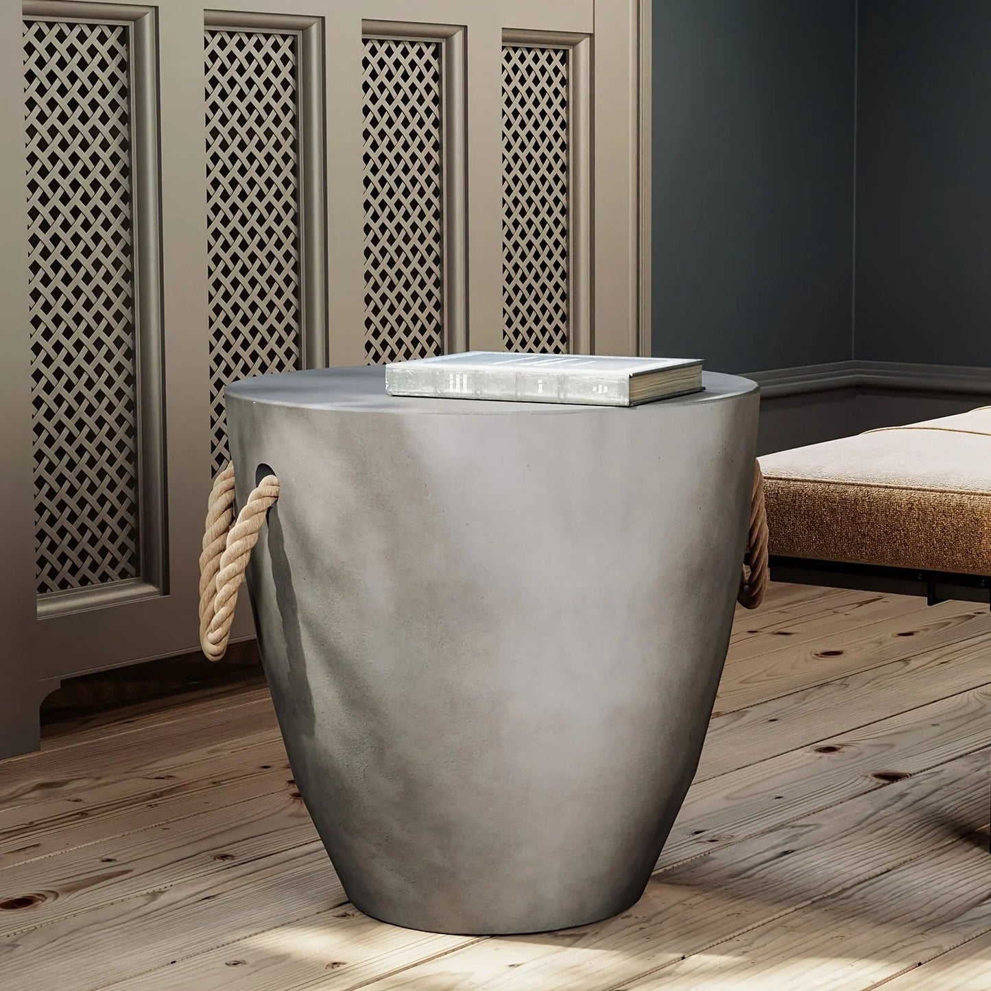 Modern Light Gray Concrete End Table with Rope Handles