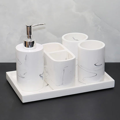 Modern Marble Look Ink-Style 5pcs Bathroom Accessory Set with Rectangular Tray, Toothbrush Holder, Tumbler, and Lotion Dispenser Set