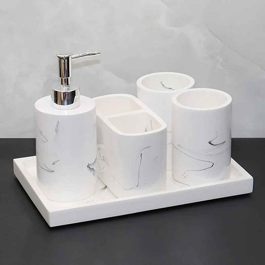 Modern Marble Look Ink-Style 5pcs Bathroom Accessory Set with Rectangular Tray, Toothbrush Holder, Tumbler, and Lotion Dispenser Set