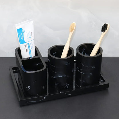 Modern Marble Look Ink-Style 5pcs Bathroom Accessory Set with Rectangular Tray, Toothbrush Holder, Tumbler, and Lotion Dispenser Set