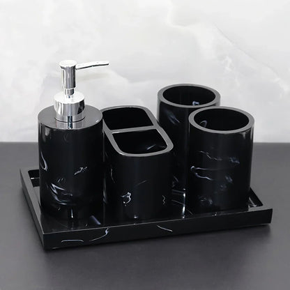 Modern Marble Look Ink-Style 5pcs Bathroom Accessory Set with Rectangular Tray, Toothbrush Holder, Tumbler, and Lotion Dispenser Set