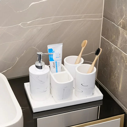 Modern Marble Look Ink-Style 5pcs Bathroom Accessory Set with Rectangular Tray, Toothbrush Holder, Tumbler, and Lotion Dispenser Set
