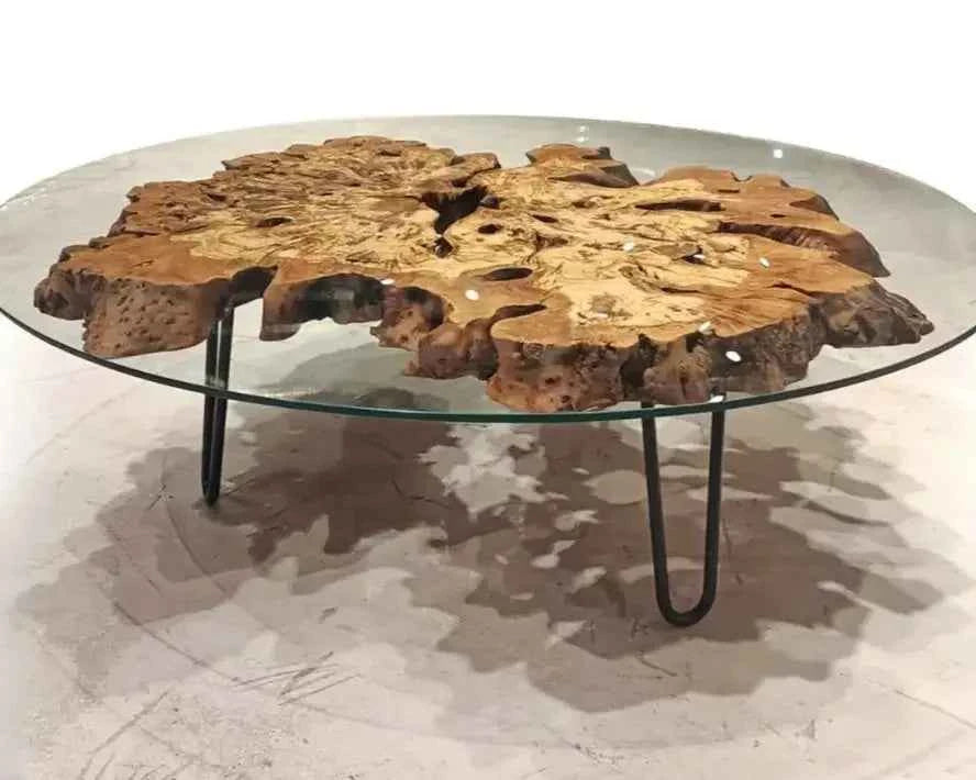 Olive Wood Rustic Coffee Table Featured Glass On Top
