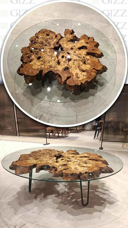 Olive Wood Rustic Coffee Table Featured Glass On Top