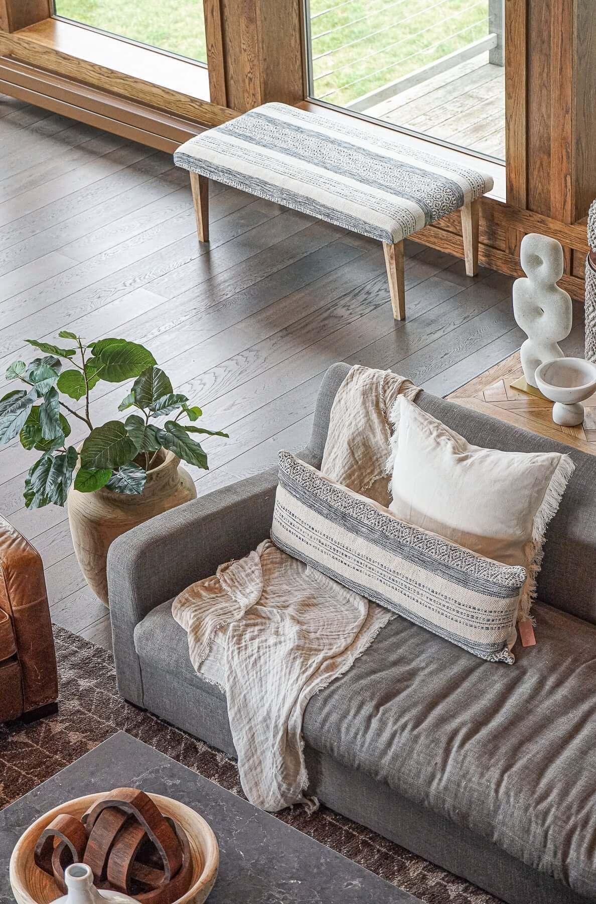 Ottoman Bench of Handwoven Fabric in Indigo Striped Design - PoshaBella
