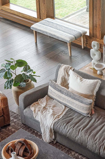 Ottoman Bench of Handwoven Fabric in Indigo Striped Design - PoshaBella