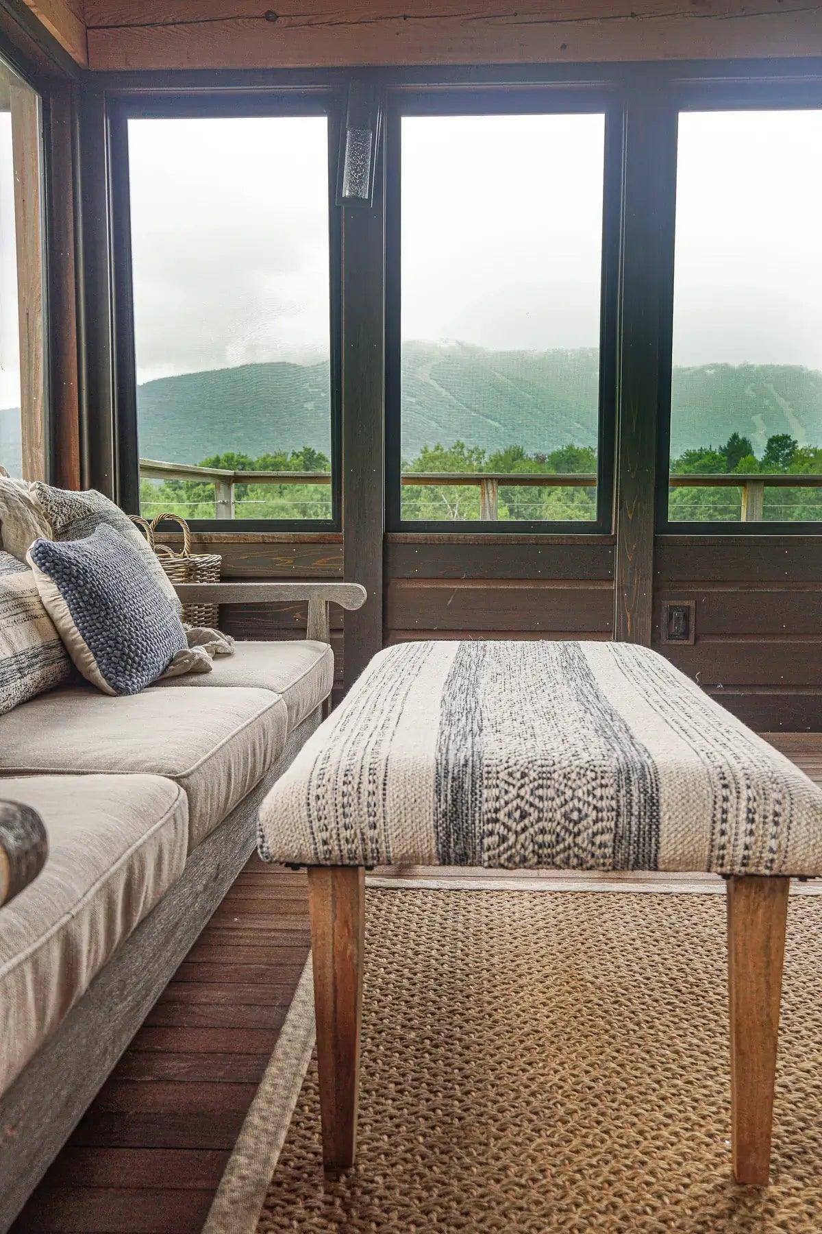 Ottoman Bench of Handwoven Fabric in Indigo Striped Design - PoshaBella