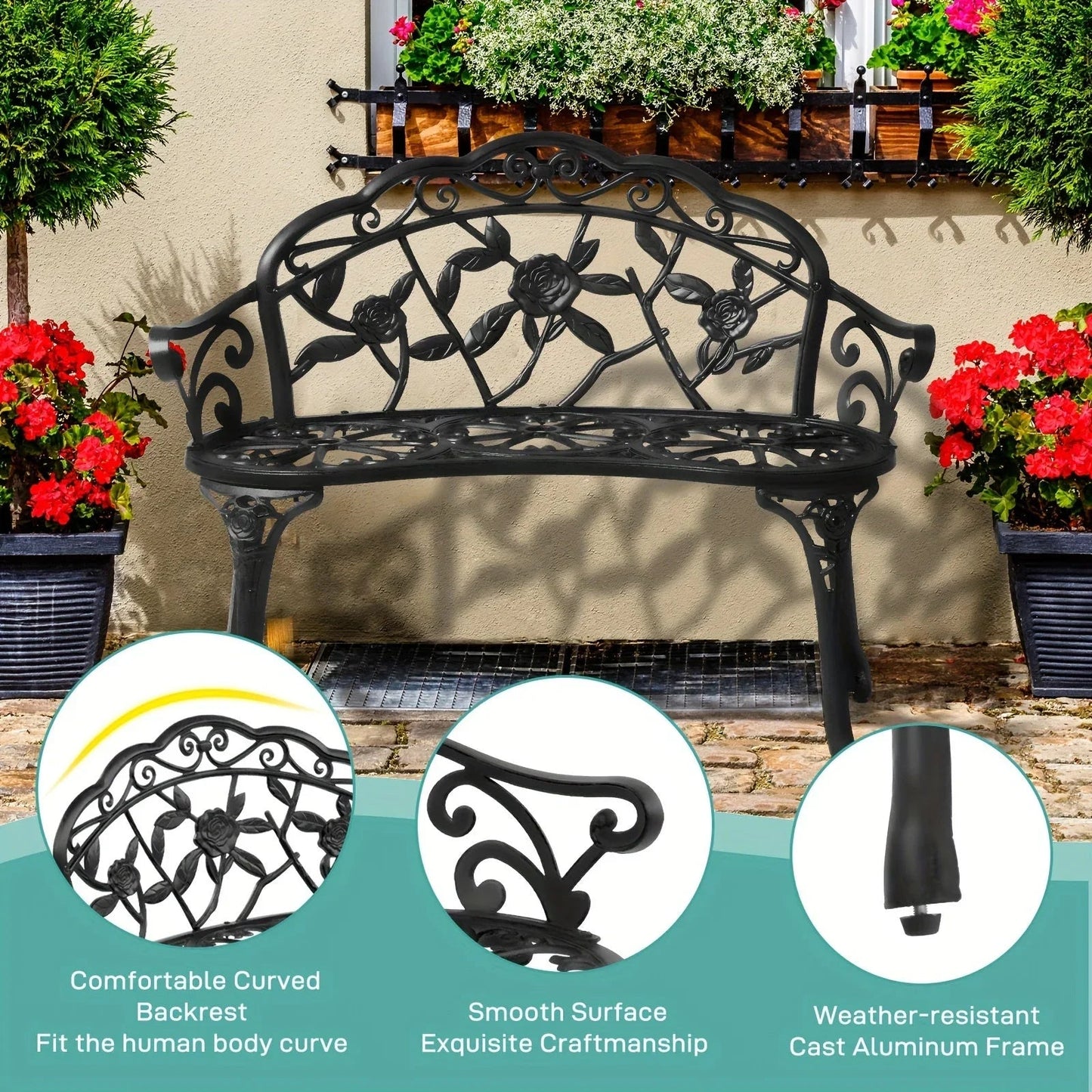 Floral Cast Aluminum Outdoor Garden Bench for 2