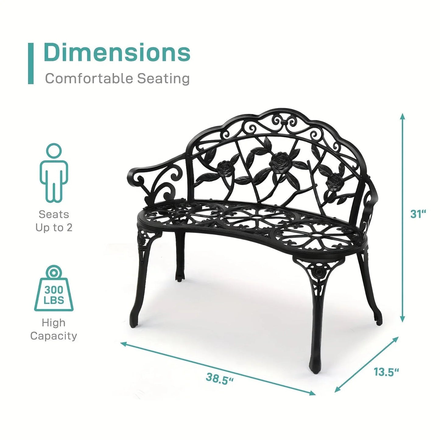 Floral Cast Aluminum Outdoor Garden Bench for 2