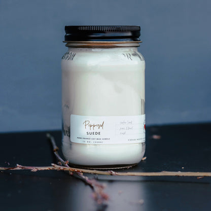 13 oz Mason Jar Soy Candle - Peppered Suede - PoshaBella