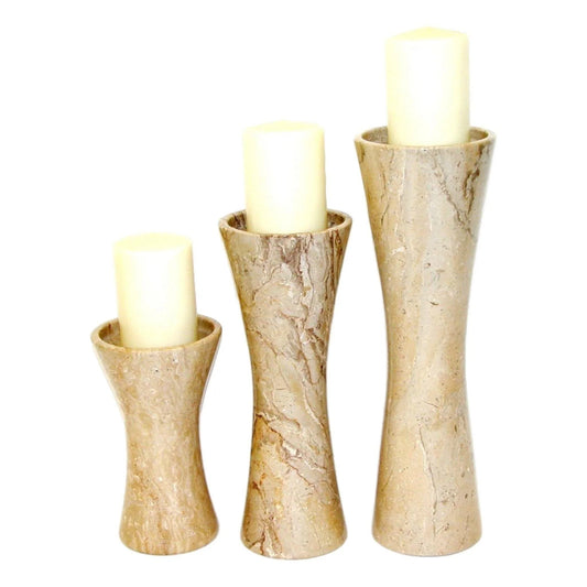 Pillar Candle Holders Set - Crafted in Sahara Beige Marble - PoshaBella
