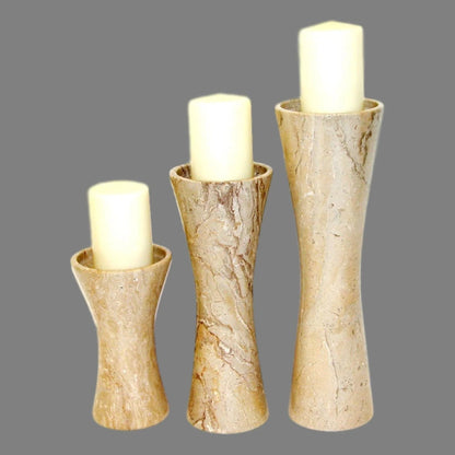 Pillar Candle Holders Set - Crafted in Sahara Beige Marble - PoshaBella