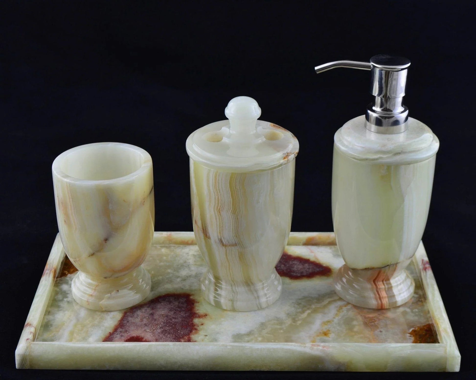 Pistachio Green Onyx 4-Piece Bath Accessory Set with Vanity Tray - PoshaBella