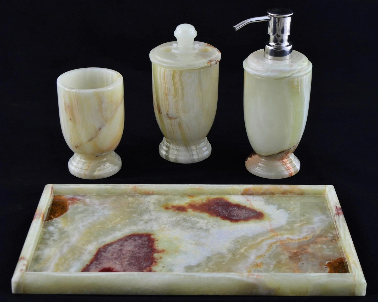 Pistachio Green Onyx 4-Piece Bath Accessory Set with Vanity Tray - PoshaBella