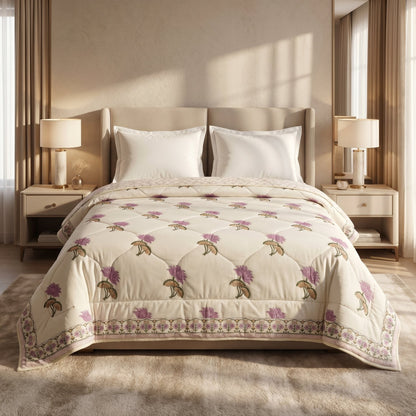 Cream & Mauve Floral Jaipur Indian Hand Block Print Quilted Comforter