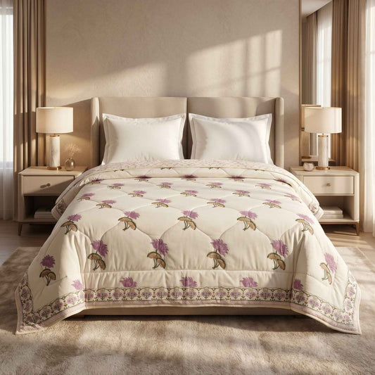 Cream & Mauve Floral Jaipur Indian Hand Block Print Quilted Comforter