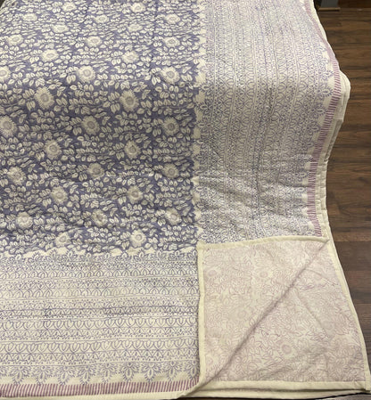 Cream & Sage Green Floral Jaipur Indian Hand Block Print Quilted Comforter