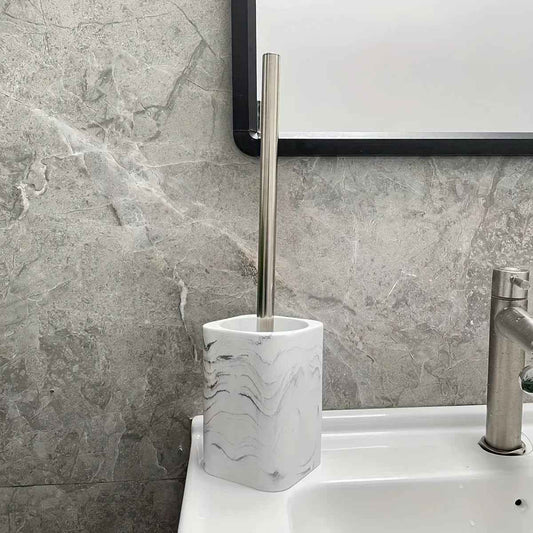 Resin White Marble Toilet Brush Holder with Handle, Reusable Floor Mount Bathroom Accessory, Hard Solid Project, No Electricity Needed - Ideal Christmas Gift
