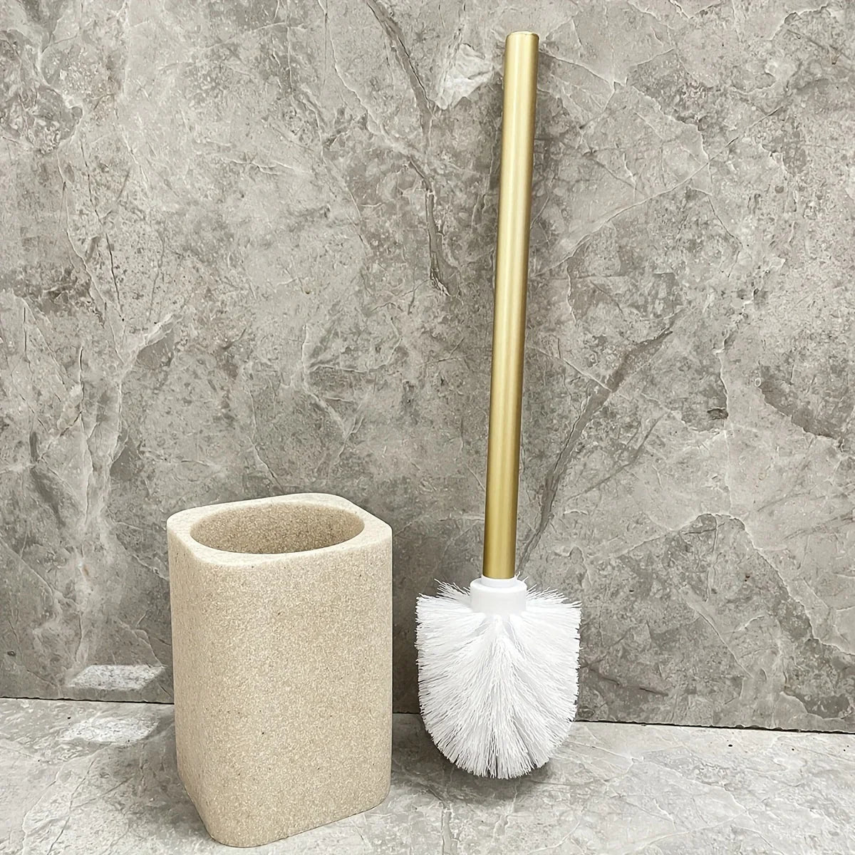 Resin White Marble Toilet Brush Holder with Handle, Reusable Floor Mount Bathroom Accessory, Hard Solid Project, No Electricity Needed - Ideal Christmas Gift