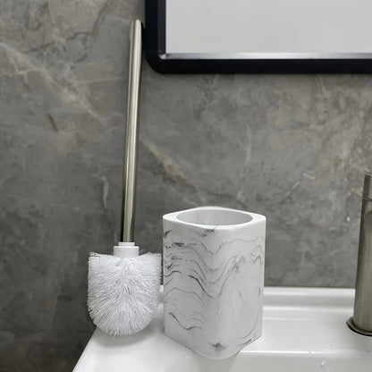 Resin White Marble Toilet Brush Holder with Handle, Reusable Floor Mount Bathroom Accessory, Hard Solid Project, No Electricity Needed - Ideal Christmas Gift
