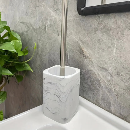 Resin White Marble Toilet Brush Holder with Handle, Reusable Floor Mount Bathroom Accessory, Hard Solid Project, No Electricity Needed - Ideal Christmas Gift