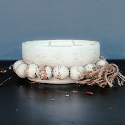 Christmas Hearth - 3 Wick Beaded Round Pottery Bowl Candle - PoshaBella